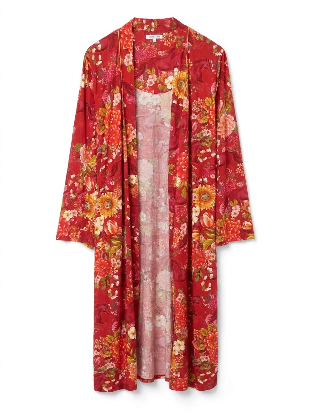 Johnny Was Red Floral Satin Long Robe